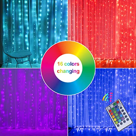 Fairy Curtain Lights, 16-Color Changing String Lights, USB Remote Control, Rainbow Backdrop, Window Fairy Lights 8 Lighting Modes, Window Icicle Lights for Christmas, Weddings, Party, Room Decor