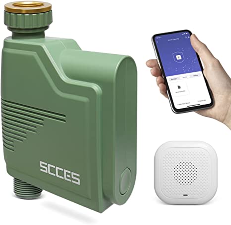 SCCES Sprinkler Timer with WiFi Hub, Smart Hose Faucet Timer with Metal Threaded Coupling, Remote Control Irrigation System with Water Flow Meter, Work with Alexa & Google Assistant, for Yard, Garden