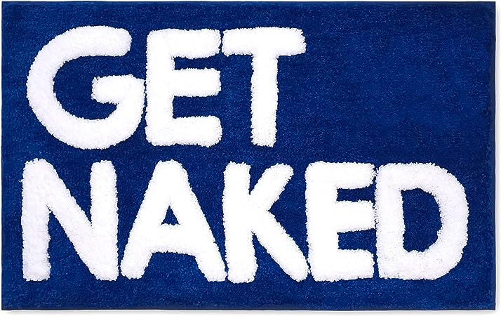 New Mungo Get Naked Bath Mat Blue - Cute Bathroom Rugs, Cute Bath Mat, Apartment Decor, Funny Bath Mat, Fun Bath Mat, Shower Rug, Get Naked Rug, Navy Blue Bathroom Rugs with White Letters - 31" x 20"