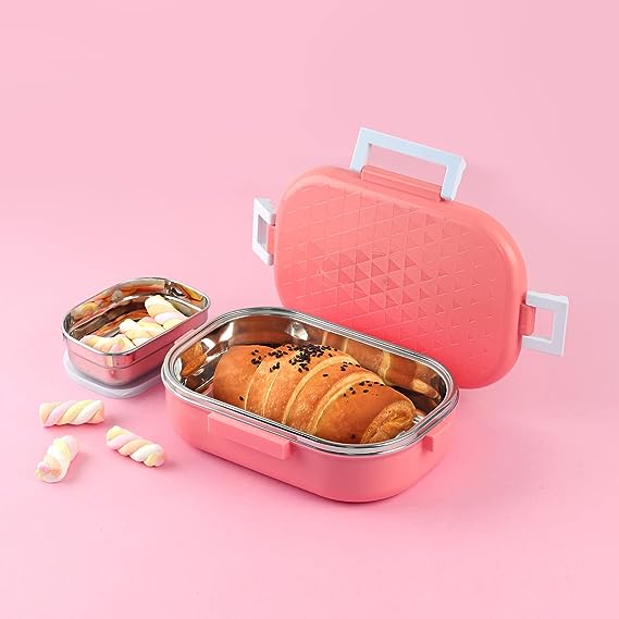 CELLO Altro Neo Lunch Box, Neo Pink, 700ml | 2 Piece Insulated Lunch Boxes |Stainless Steel Lunch Box for Kids | Leak-Proof Snacks Tiffin Box for School