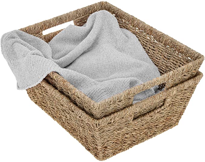 StorageWorks Seagrass Storage Baskets, Large Wicker Baskets with Built-in Handles, 15” x 11.8” x 5.7”, 2-Pack