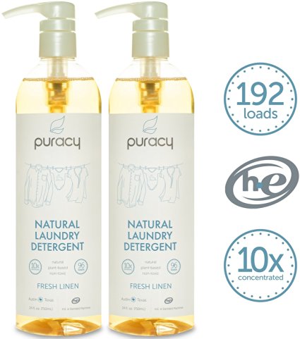 Puracy Natural 10x Liquid Laundry Detergent - Fresh Linen - Sulfate-Free - THE BEST Enzyme-Powered Laundry Soap - 192 loads - Hypoallergenic - (Pack of 2)