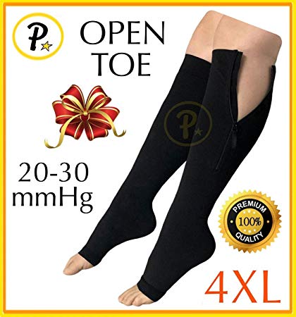 Presadee Premium Open Toe BIG TALL SUPER SIZE 20-30 mmHg Zipper Compression Swelling Leg Circulation Socks (Black, 4XL)