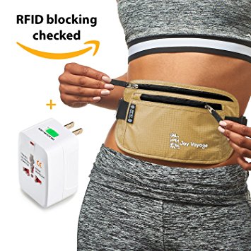 RFID Money Belt for Travel with Worldwide Travel Adapter. Most valuable property within reach