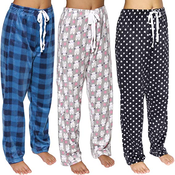 Real Essentials 3 Pack: Women’s Ultra-Soft Fleece Comfy Stretch Pajama/Lounge Pants Elegant Sleepwear
