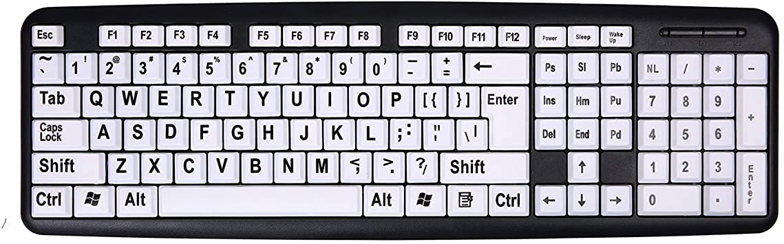 HDE Large Print Computer Keyboard Wired USB High Contrast White with Black Oversized Letters for Visually Impaired Low Vision Individuals