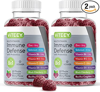 8 in 1 Immune Support Booster Pectin Gummies with Probiotics - Vitamin Dietary Supplement - Multivitamin Immune Defense for Adults & Teens - Berry Flavored Gummy [Packaging May Vary]