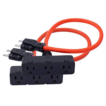 KMC 3-Outlet Power Extension Cord 2-Pack, 12AWG 2-Feet Extension Cord, 125V/15Amp 1875Watt, Orange