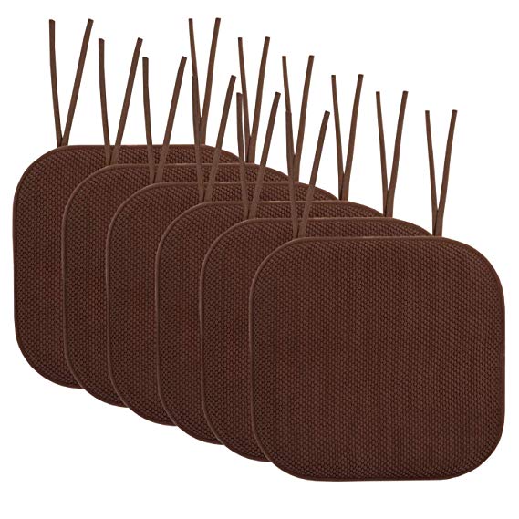 Sweet Home Collection Chair Cushion Memory Foam Pads with Ties Honeycomb Pattern Slip Non Skid Rubber Back Rounded Square 16" x 16" Seat Cover, 6 Pack, Chocolate Brown