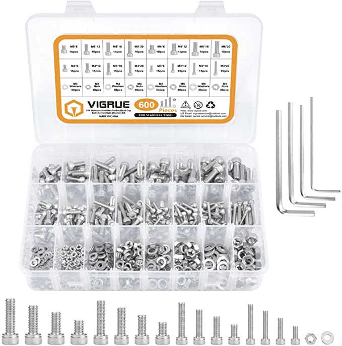 VIGRUE 600Pcs M3 M4 M5 M6 Hex Socket Head Cap Screws Bolts Nuts Washers Assortment Set with Wrenches, 304 Stainless Steel