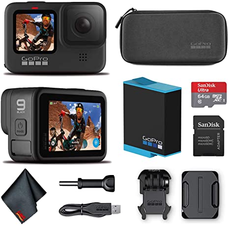 GoPro HERO9 Black - Waterproof Action Camera with Front LCD and Touch Rear Screens, 5K HD Video, 20MP Photos, 1080p Live Streaming, Stabilization   Sandisk 64GB Card and Cleaning Cloth