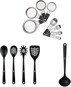 OXO Good Grips 8 Piece Stainless Steel Measuring Cups and Spoons Set & OXO Good Grips 4-Piece Nylon Tool Set, 2.3, Black & OXO Good Grips Nylon Ladle, Black, One Size