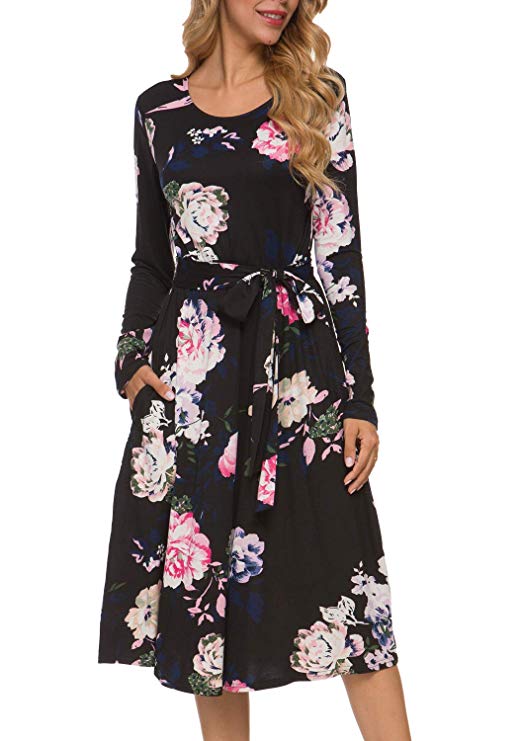 levaca Women's Modest Floral Long Sleeve Midi Work Belt Dress with Pockets