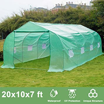 Greenhouse, Repalbel 20x10x7 Oversized Heavy Duty Walking-in Tunnel Tent, Gardening Rack with 8 Windows and Zippered Door, Green