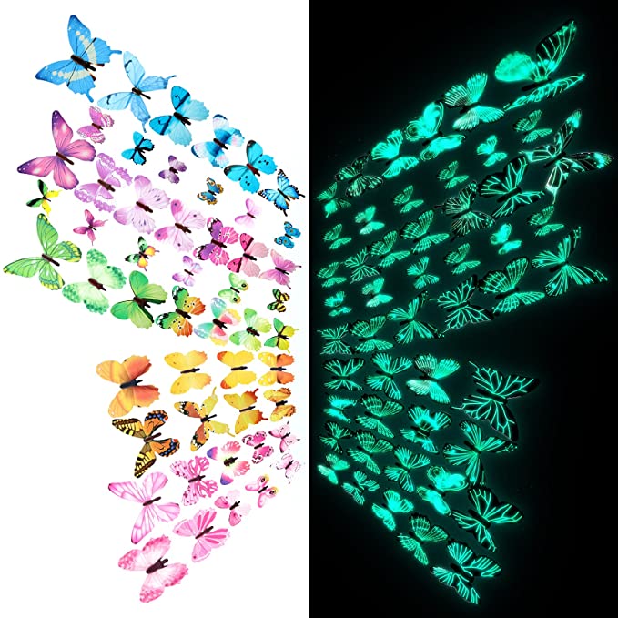 120 Pieces Butterfly Wall Decals Glow in The Dark 3D Butterfly Stickers for Ceiling Wall Decor Adhesive DIY Butterflies Wall Decoration for Kid Bedroom Nursery Living Room Home Garden