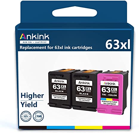 Ankink Higher Yield 63XL Ink Cartridge Combo Pack HP 63 XL for Officejet 3830 4650 4652 4655 5200 5252 5255 5258 Envy 4520 4512 Deskjet 1112 2132 3630 3632 Printer HP63 HP63xl 2 Black 1 Color/Tricolor