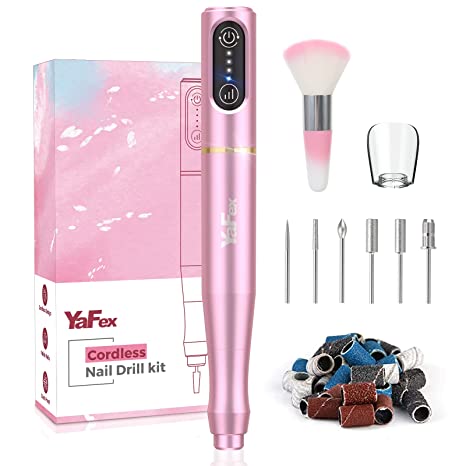 YaFex Cordless Rechargeable Nail Drill - Wireless Electric Portable Professional Efile Nail File Machine with Nail Drill Bits, Sanding Bands for Acrylic Gel Nails, Manicure Pedicure Polishing, Pink