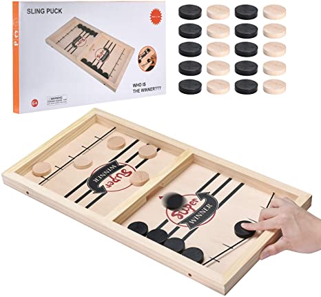 ELLASSAY Fast Sling Puck Game, Wooden Sling Hockey Board Game ,Fast Slingshot Desktop Battle Game, Winner Board Games for Family Game/Party/Kids Gift (Large:22.1in11.8in1.2in)