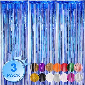 3 Pack 3.3x8.2 Feet Blue Foil Fringe Backdrop Curtains, Tinsel Streamers Birthday Party Decorations, Fringe Backdrop for Graduation, Baby Shower, Gender Reveal, Disco Party