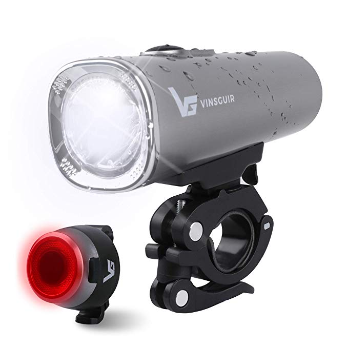 Vinsguir USB Rechargeable Bike Light Set, Super Bright Front Headlight and Rear LED Bicycle Light, 600 Lumen Brightness, Water Resistant, 5 Mode Options Fit All Bicycles Safety Riding