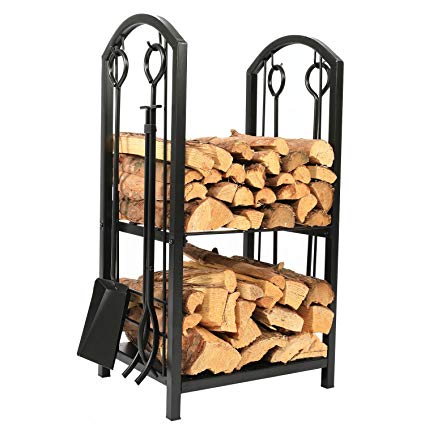 1.Go 18"Wide x 27.5"High Iron Firewood Log Rack with Fireplace Tool Set