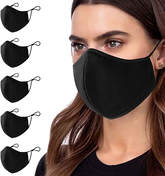 5 Pcs Cotton Black Face Masks Washable, Face Covering with Breathable Comfort Loops, Size Fit Small Face, Reusable Cotton Madk Men Women, Nose Curved Cover Design to Breath-Black Unisex