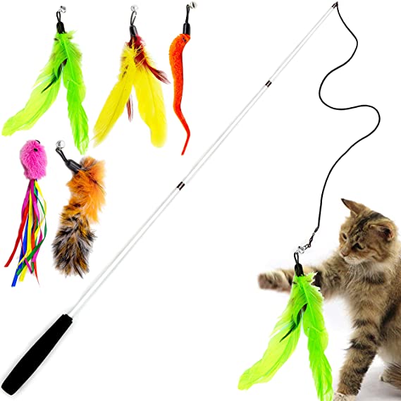 Youngever 6 Pieces Cat Toys Teasing Feather Toy, Retractable Wand with Assorted Teaser Refills, Interactive Toy for Kitten Cat