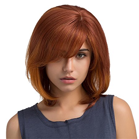 Mufly Bob Style Brazilian Virgin Human Hair Red Color Side Bangs Blend Capless Wigs for Lady Women Wedding& Daily Wear 16 Inches