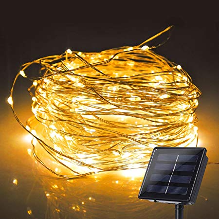 JMEXSUSS Indoor, Outdoor 8 Modes 200 LED 65.6ft Solar Powered Waterproof Dimmable Fairy String Copper Wire Lights for Christmas, Bedroom, Patio, Wedding, Party, Warm White