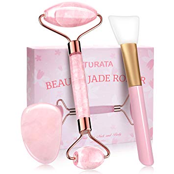 Jade Roller and Gua Sha Set, TURATA Rose Quartz Face Roller for Facial Body Eyes Neck Skin Massage Tool Original Natural Reduce Wrinkles Anti Aging Lymphatic Drainage Jade Massager (Rose Quartz)