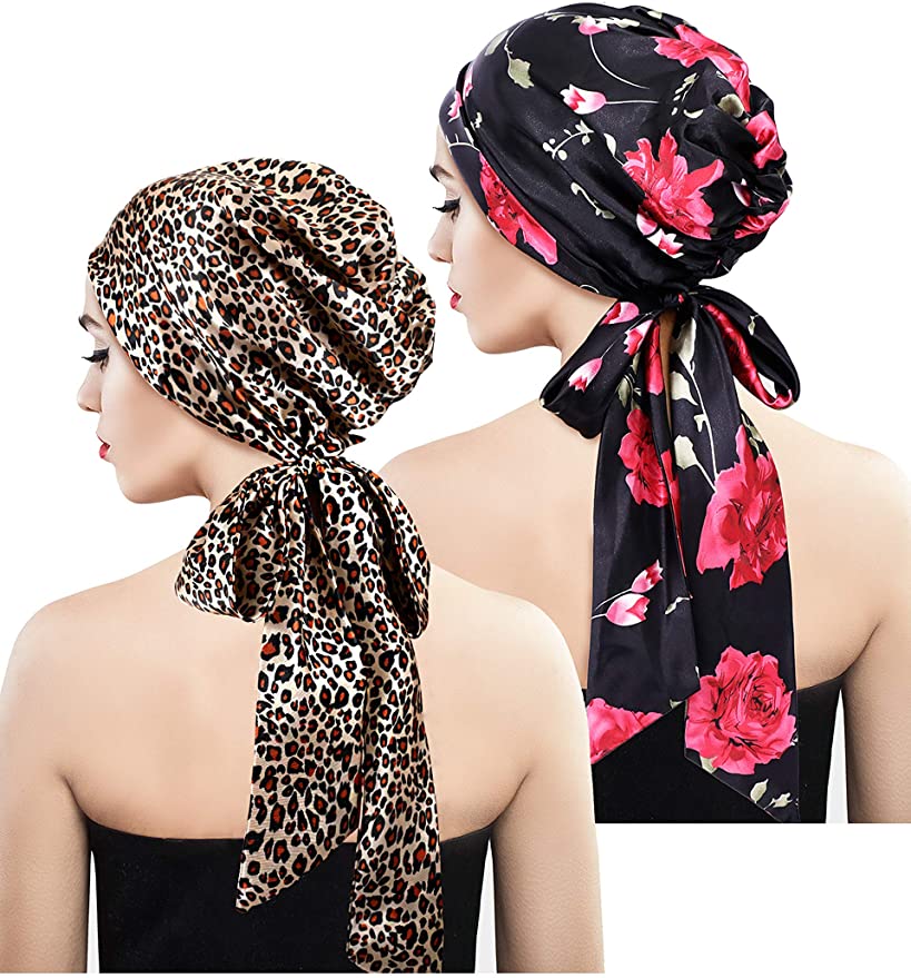 Blulu 2 Pieces Soft Satin Head Scarf Sleeping Cap Bonnet Headwear Head Cover Turbans for Women