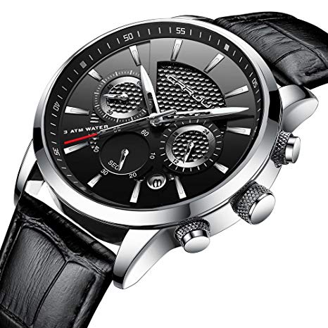 Men Watches Fashion Business Casual Dress Quartz Wristwatches Chronograph Leather Strap with Date Calendar