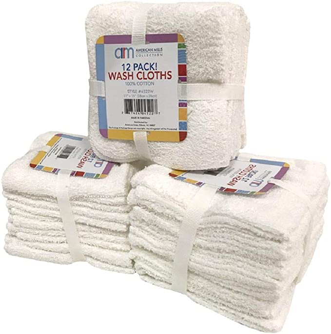 American Mills 12-Pack 100% Cotton Wash Cloths, White, Size 12"x12"
