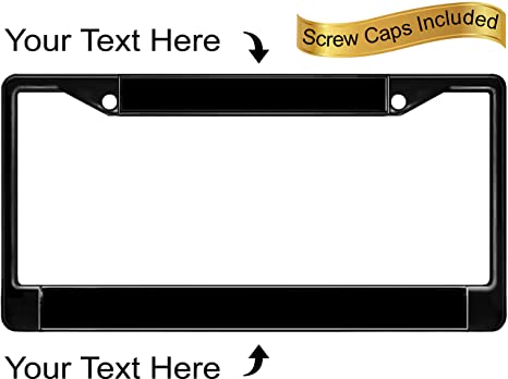 Custom Personalized Black Metal Car License Plate Frame with Free caps - Black/White