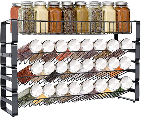 Spice Rack Organizer Independent Use, 4 Tier Stackable Detachable Display Counter Shelf, Black Frosted Iron Freestanding Storage Holder, Seasoning Organizer for Countertop Kitchen Cabinet
