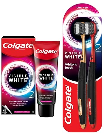 Colgate Visible White O2, Teeth Whitening Toothpaste, Peppermint Sparkle, 50g, Active Oxygen Technology, Enamel Safe Teeth Whitening Product & Colgate Visible White O2 Toothbrush - 2pcs