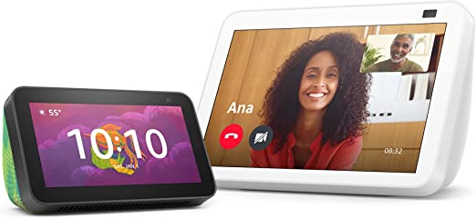 Echo Show 8 (2nd Gen, 2021 release) | Smart display with Alexa - Glacier White   Echo Show 5 (2nd Gen, Kids) - Chameleon