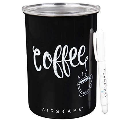 Airscape Stainless Steel Coffee Storage Canister with Writer Pen (1 lb Dry Beans) - Customize, Write and Label with Removable Ink - Patented Airtight Container Lid Releases CO2 - Obsidian Black