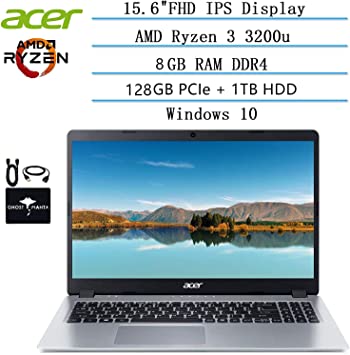 2020 Newest Acer Aspire 5 Slim Laptop 15.6 FHD IPS Display, AMD Ryzen 3 3200u-Dual Core (up to 3.5GHz), Vega 3 Graphics, 8GB RAM, 128GB PCIe SSD   1TB HDD, Win10 w/Ghost Manta Accessories