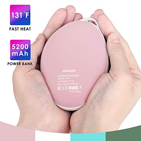 AOMAIS Hand Warmer Rechargeable, Electric Portable USB Hand Warmers & Reusable Pocket 5200mAh Power Bank, Double-Sided Quick Heating Keep Hands Warm, Best Winter Gifts for Christmas