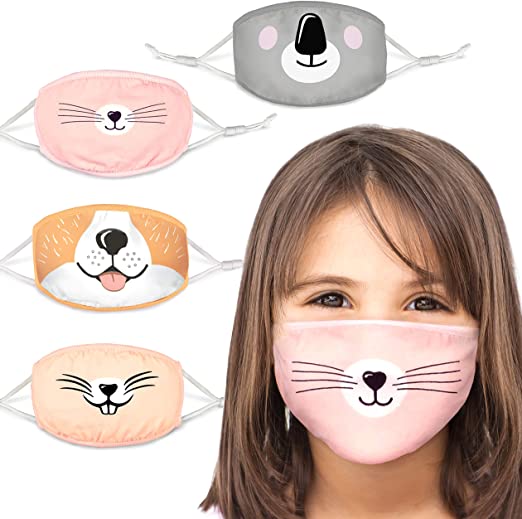 100% Organic Cotton Kids Washable, Reusable Face Masks with Adjustable Ear Loops for Children 3-8 yrs. Two Layers of Soft, Protective Fabric for Boys and Girls. (Koala, cat, Rabbit, Corgi, 4 Pk)