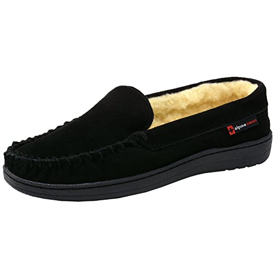 alpine swiss Yukon Mens Suede Shearling Slip On Moccasin Slippers