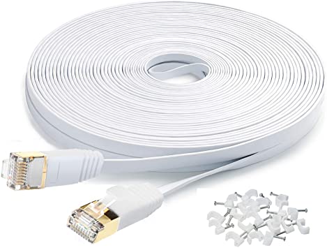 Cat7 Flat Ethernet Cable, 50 Ft 10 Gigabit High Speed Solid Computer Network Cord with Snagless Rj45 Connectors for Xbox,PS4,Modem,Router,Networking Switch Faster Than Cat5e Cat5 Cat6 Cable,White