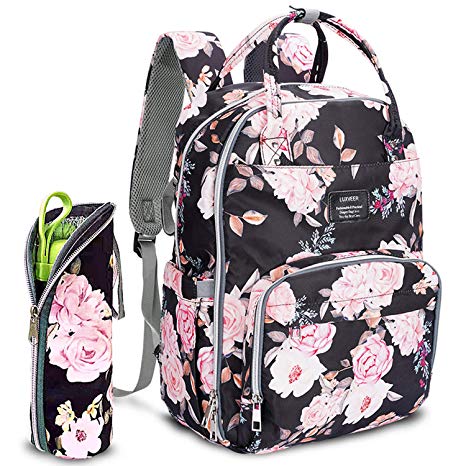 LUXVEER Diaper Bag Backpack with USB Charging Port, Stroller Straps Waterproof Large Capacity Travel Nappy Organizer with Water Bottle Pouch, Pockets, Charger,Cute Floral Print for Baby Girl