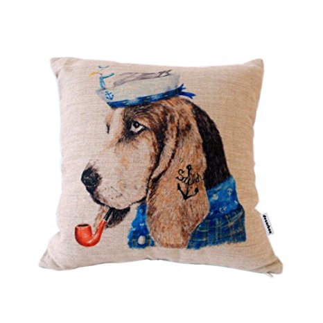 Decorbox Cotton Linen Square Throw Pillow Case Decorative Cushion Cover Pillowcase for Sofa Vintage Sail Dog with Pipe and Bird 18 "X18 "