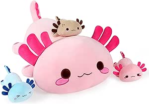 Onsoyours Axolotl Stuffed Animal Mommy 19.7" with 3 Baby Axolotl Plushies in Tummy, 4 Piece of Cute Axolotl Plush Pillow Toys for Kids Girls Boys (Pink Axolotl Family)