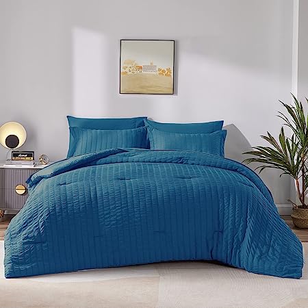 CozyLux King Seersucker Comforter Set with Sheets Teal Bed in a Bag 7-Pieces All Season Bedding Sets with Comforter, Pillow Sham, Flat Sheet, Fitted Sheet, Pillowcase