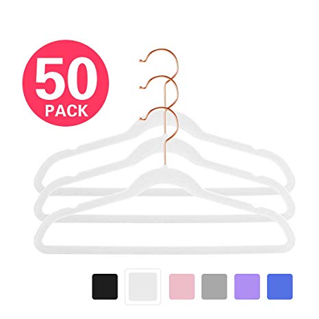 MIZGI Premium Kids Velvet Hangers (Pack of 50) 14" Wide with Copper/Rose Gold Hooks,Space Saving Ultrathin,Nonslip Hangers use for Petite Junior Children's Skirt Dress Pants,Clothes Hangers-White