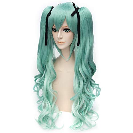 Anogol® Free Hair Cap   Vocaloid Miku Cosplay Wigs With Two Ponytails Costume Lolita Party Wig (curly green)