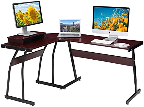 DOSLEEPS Computer Desk, L-Shaped Large Corner PC Laptop Study Table Workstation Gaming Desk for Home and Office - Free Monitor Stand - Wood & Metal (Red, Wood grain)